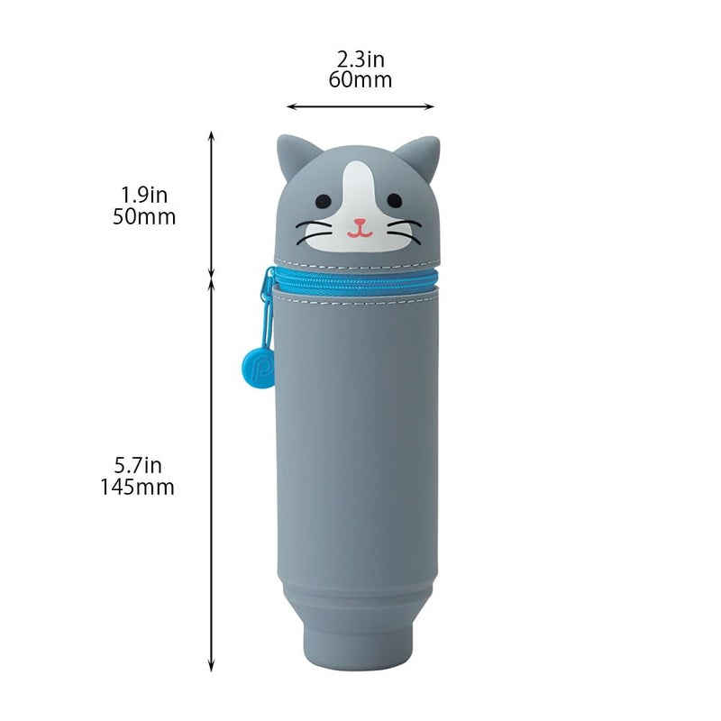 LIHIT LAB Kawaii Japanese Gray Cat Stand Up Pencil Case For School Office College, Cute School Supplies, Animal Pen Holder Pouch Holder Teen Girls Artists, Travel Cosmetics Storage (A7712-4) - Image 3
